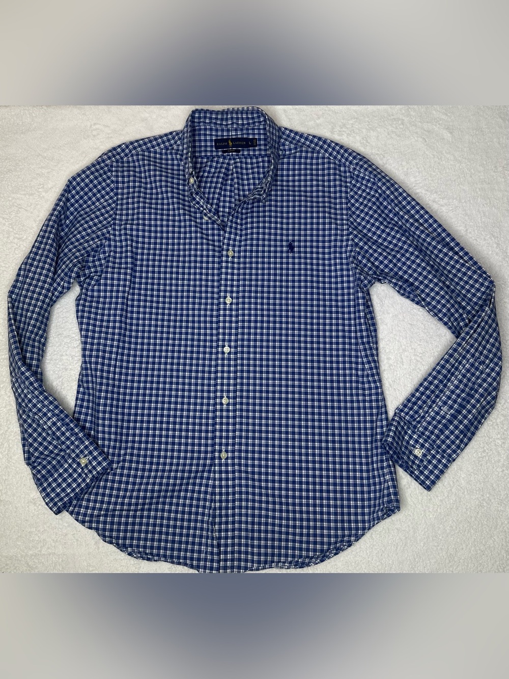 Ralph Lauren Men’s Size Large Slim Fit Blue & White Plaid Button-Down Shirt